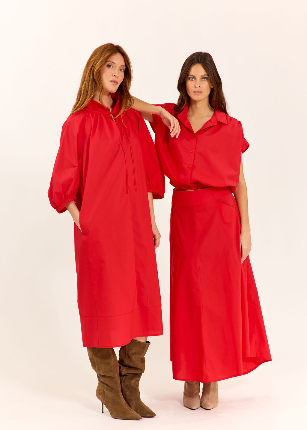 ROBE MIDI EN POPELINE DUVETEUSE HELLO ROUGE