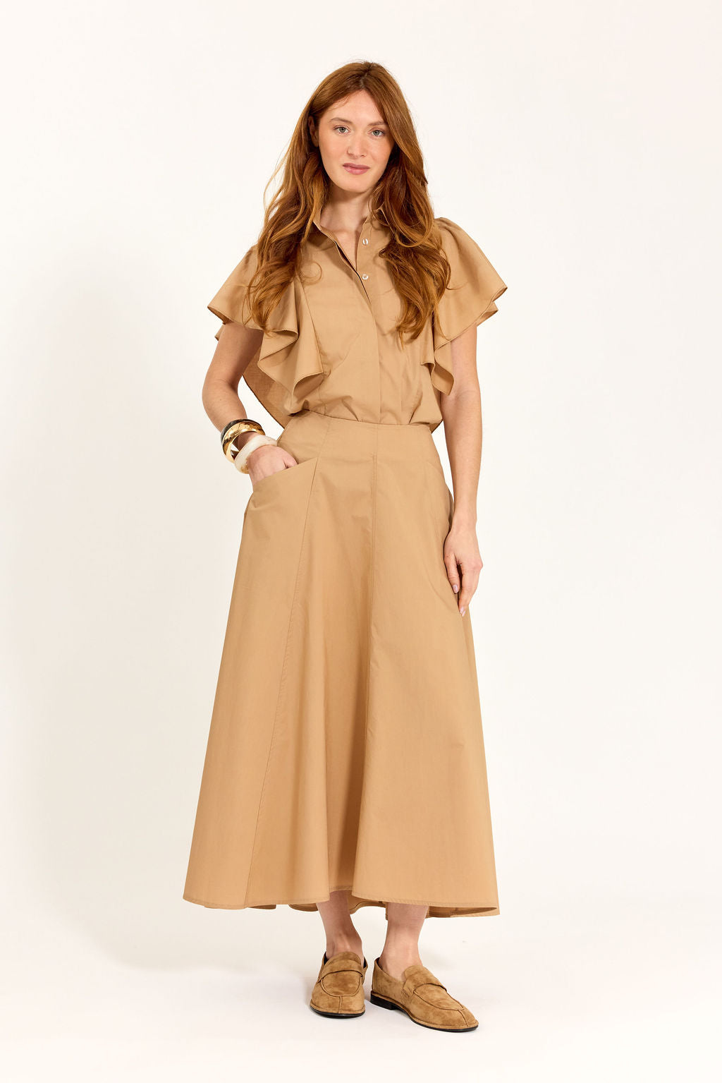 CHEMISE VOLANTÉE EN POPELINE LOUNA CAMEL