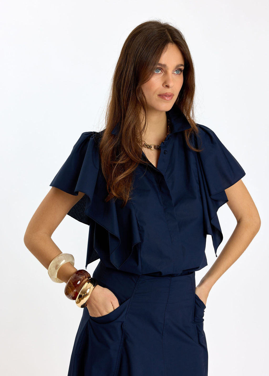 CHEMSIE VOLANTÉE EN POPELINE LOUNA MARINE