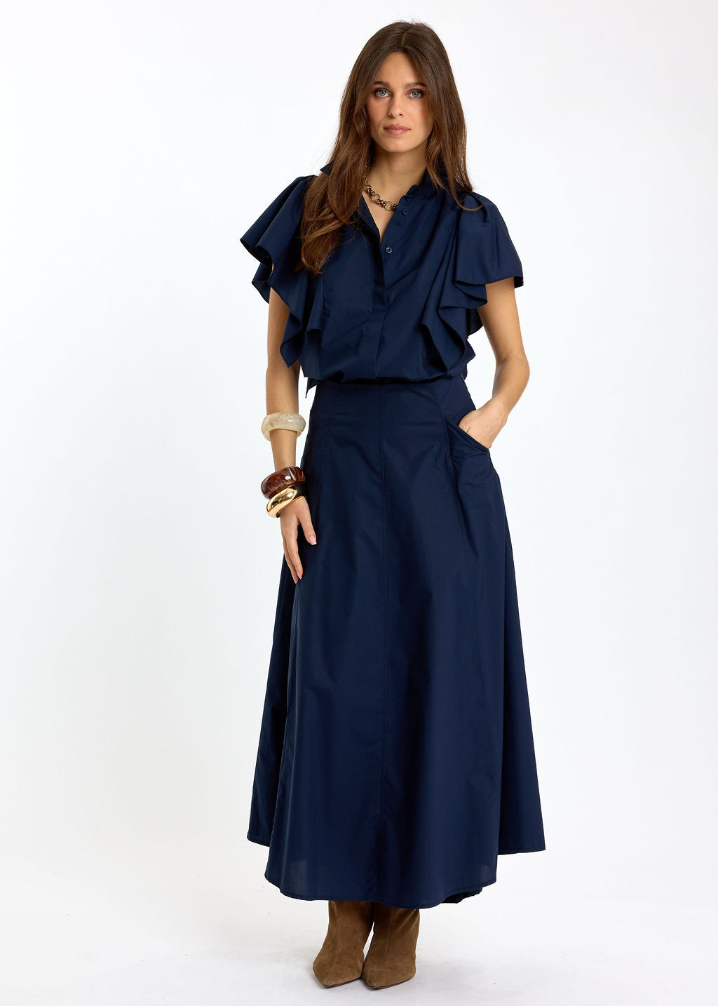 CHEMSIE VOLANTÉE EN POPELINE LOUNA MARINE