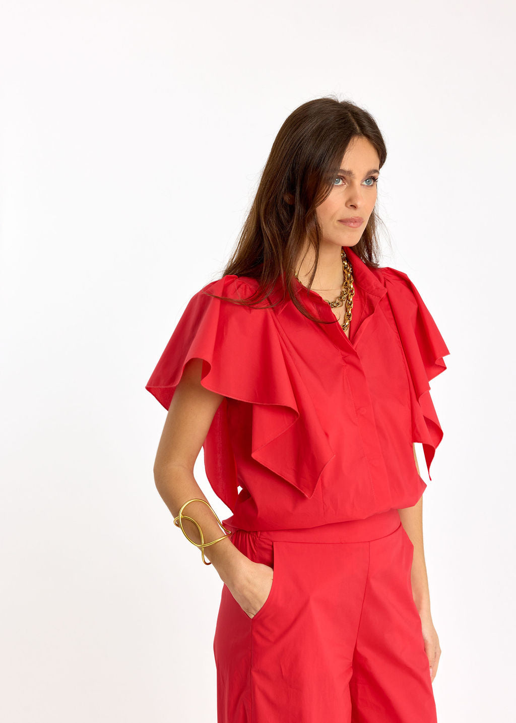 CHEMSIE VOLANTÉE EN POPELINE LOUNA ROUGE