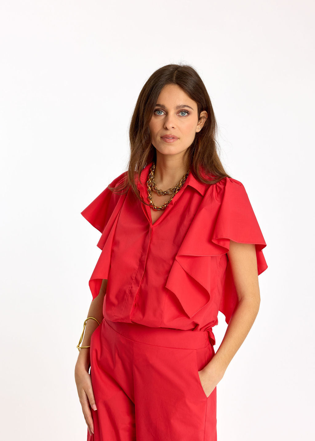 CHEMSIE VOLANTÉE EN POPELINE LOUNA ROUGE