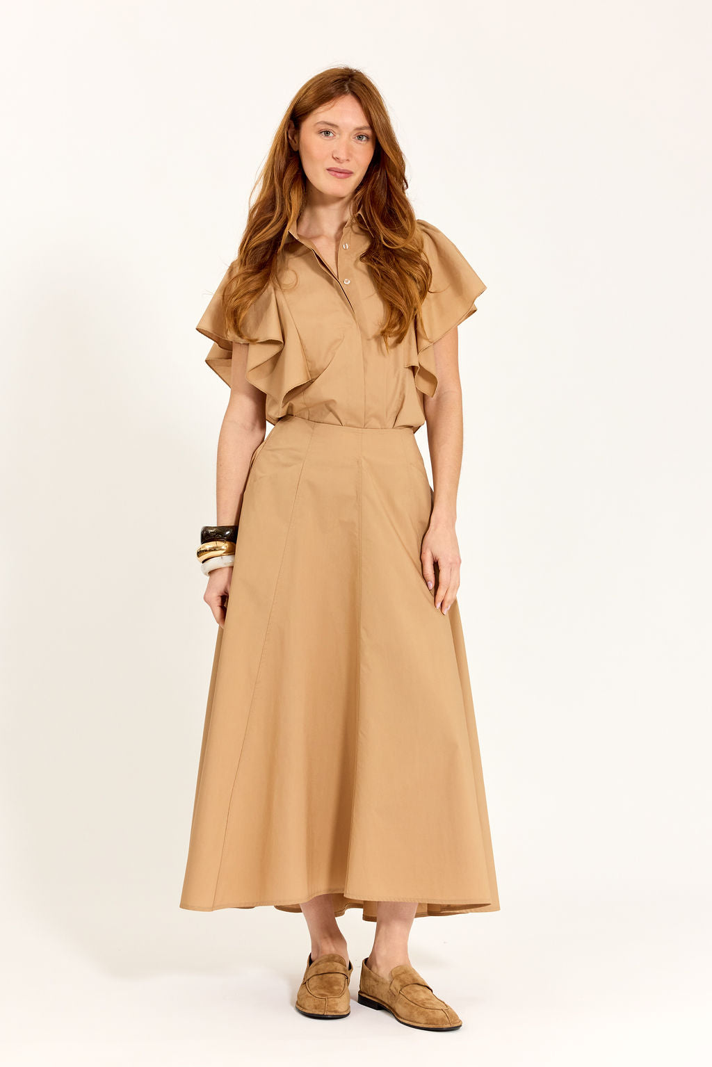 JUPE ÉVASÉE EN POPELINE DE COTON SILVIA CAMEL