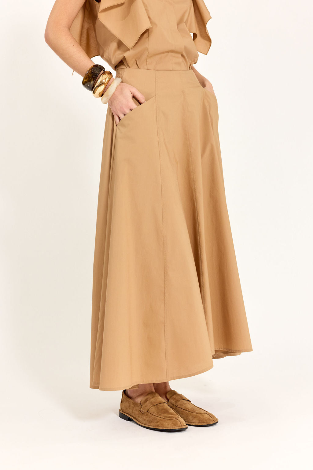 JUPE ÉVASÉE EN POPELINE DE COTON SILVIA CAMEL