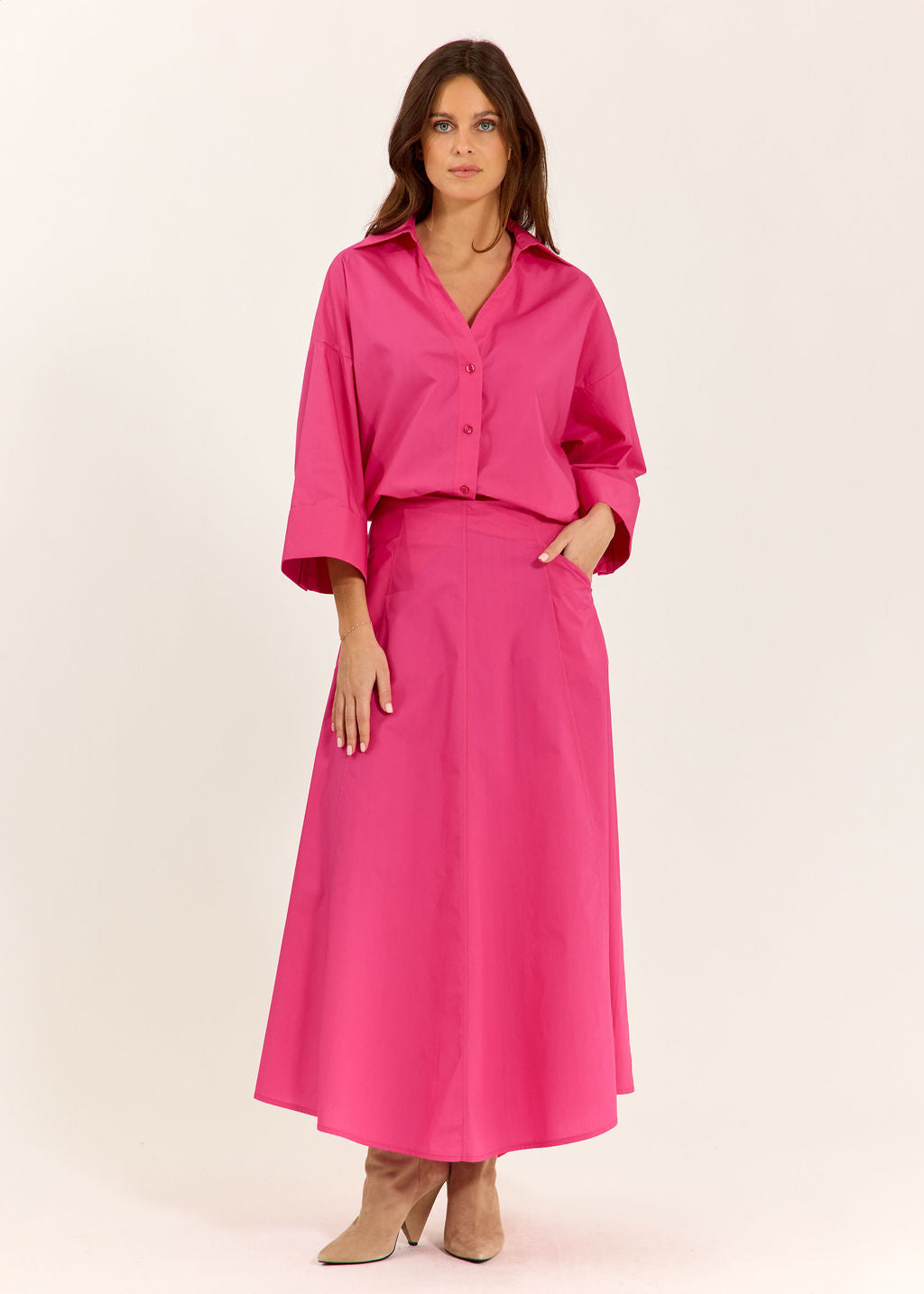 JUPE ÉVASÉE EN POPELINE DE COTON SILVIA FUSHIA