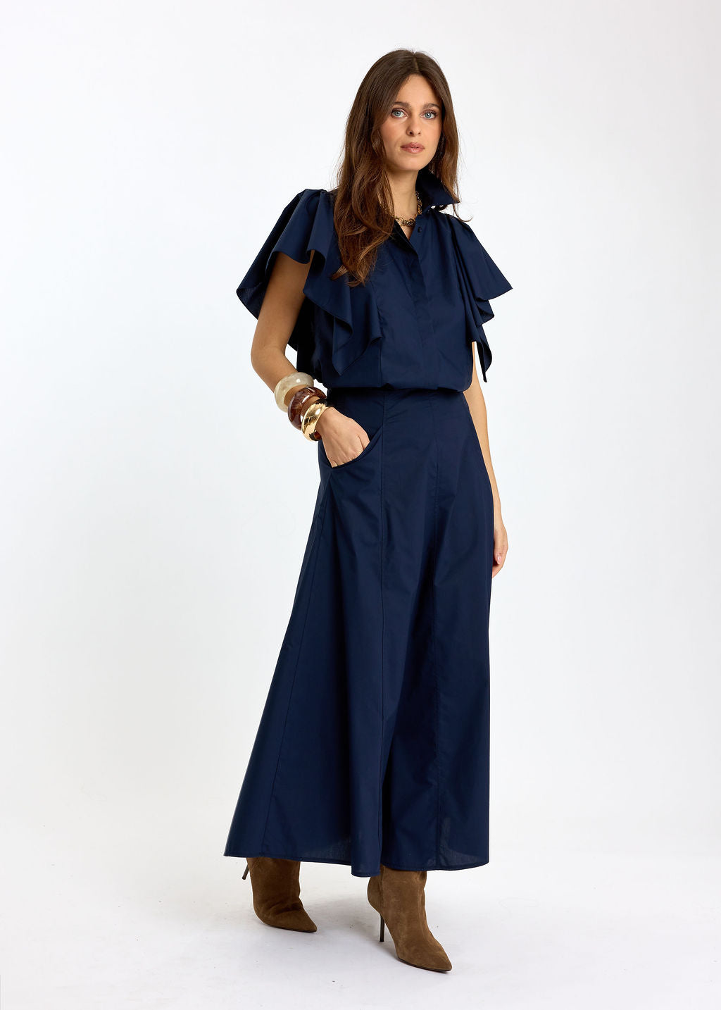 JUPE ÉVASÉE EN POPELINE DE COTON SILVIA MARINE