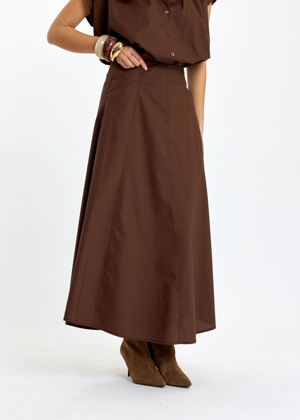 JUPE ÉVASÉE EN POPELINE DE COTON SILVIA PECAN