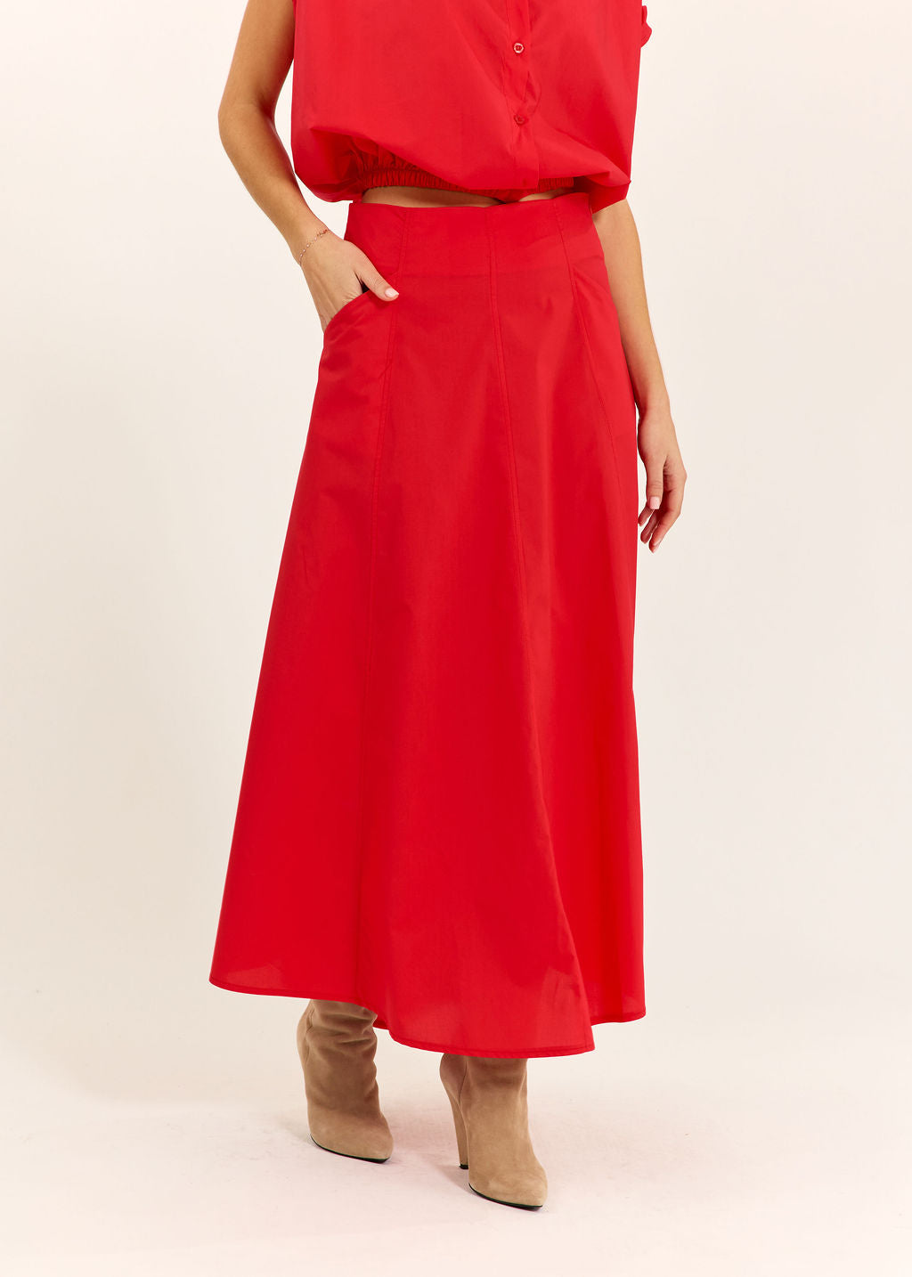 JUPE ÉVASÉE EN POPELINE DE COTON SILVIA ROUGE