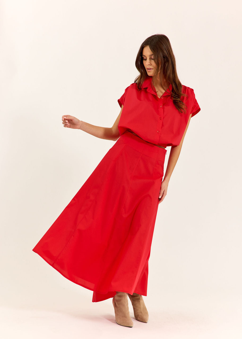 JUPE ÉVASÉE EN POPELINE DE COTON SILVIA ROUGE
