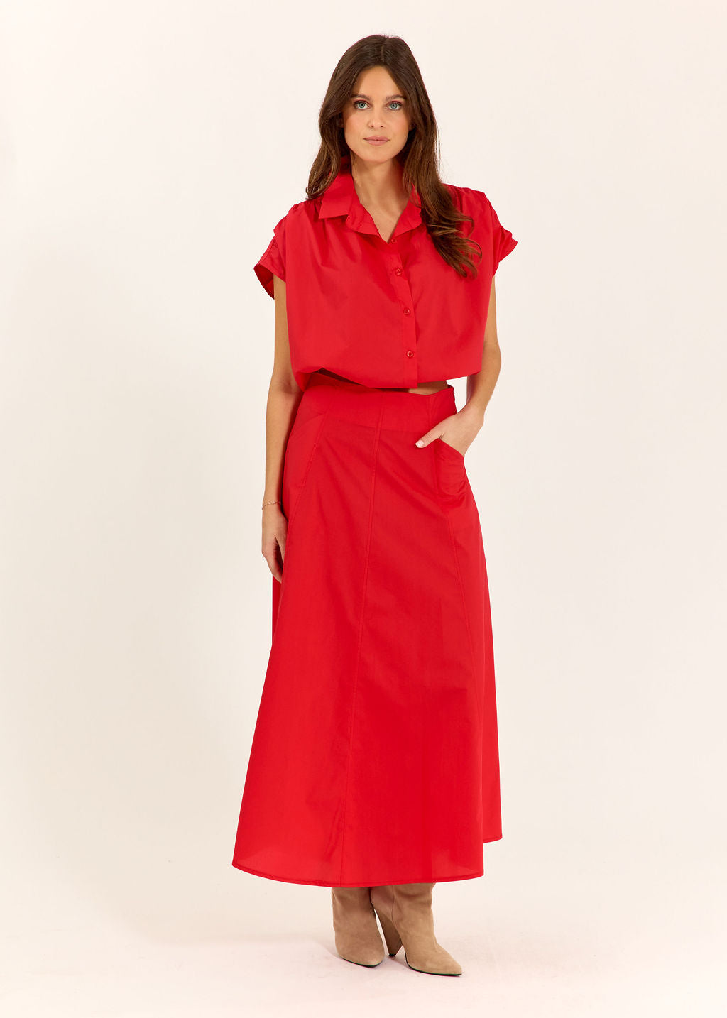 JUPE ÉVASÉE EN POPELINE DE COTON SILVIA ROUGE