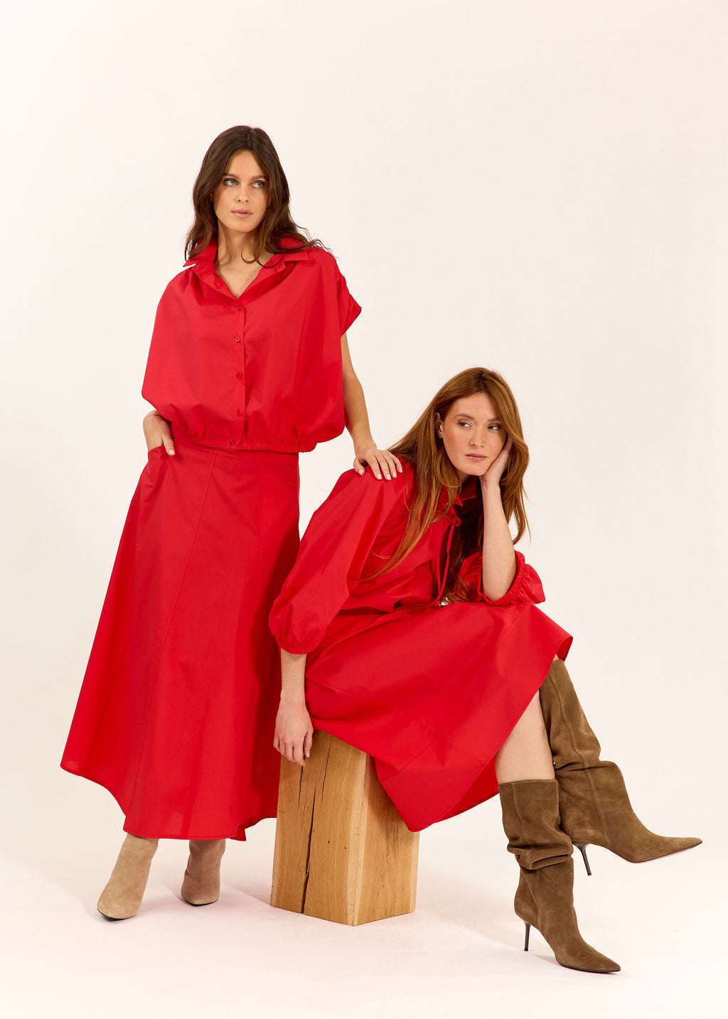 JUPE ÉVASÉE EN POPELINE DE COTON SILVIA ROUGE