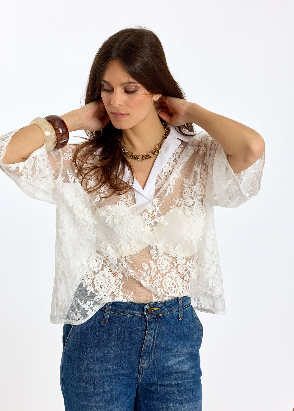 CHEMISE EN FINE DENTELLE FLAVIE ECRU