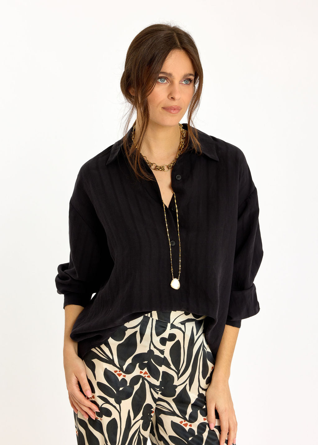 CHEMISE UNIE À RAYURES TON SUR TON MARIAM NOIR