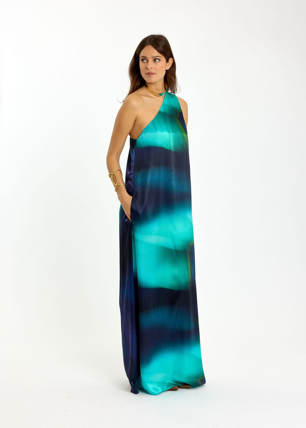 ROBE LONGUE ASYMÉTRIQUE EN SOIE DIANE BLUE