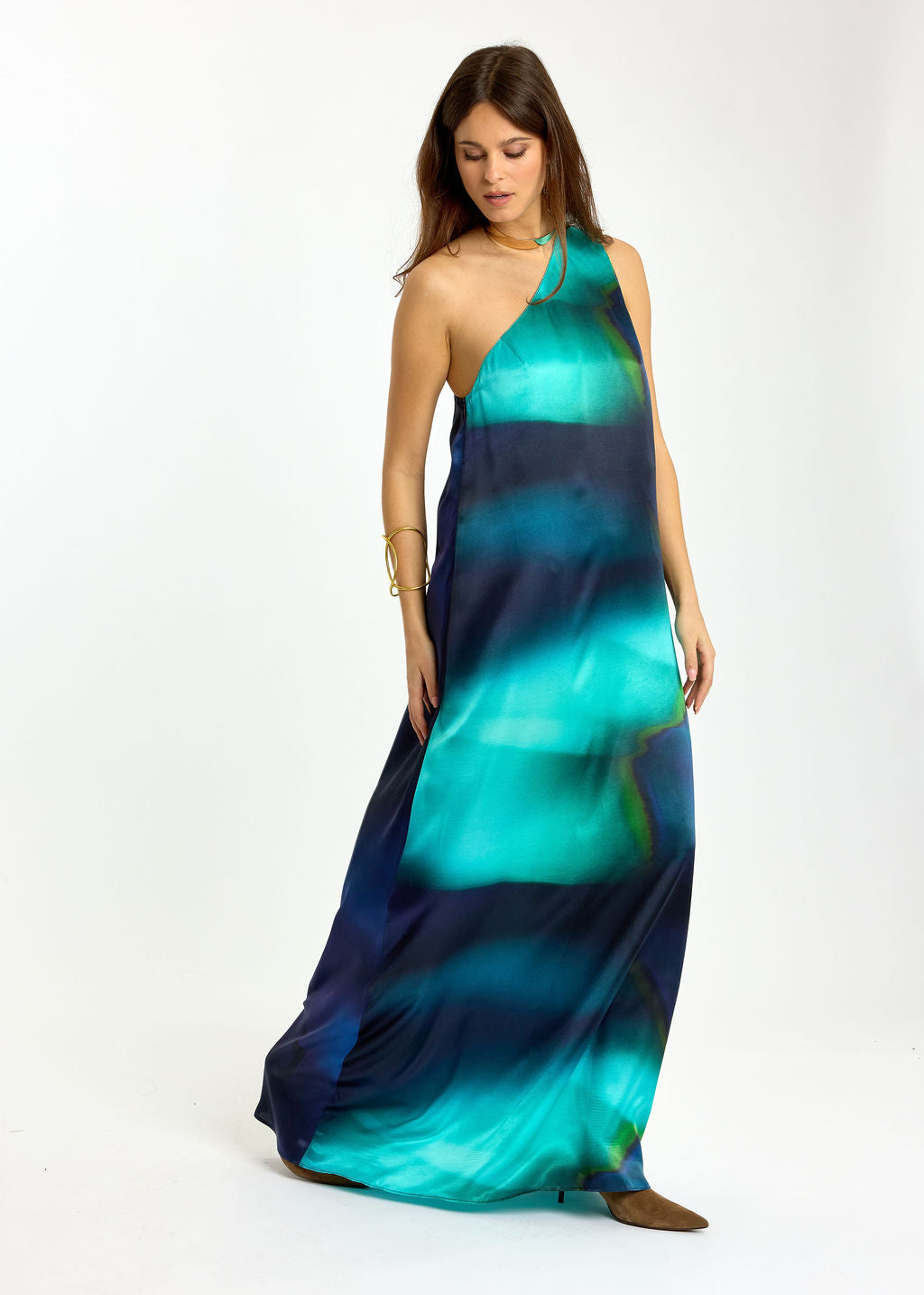 ROBE LONGUE ASYMÉTRIQUE EN SOIE DIANE BLUE