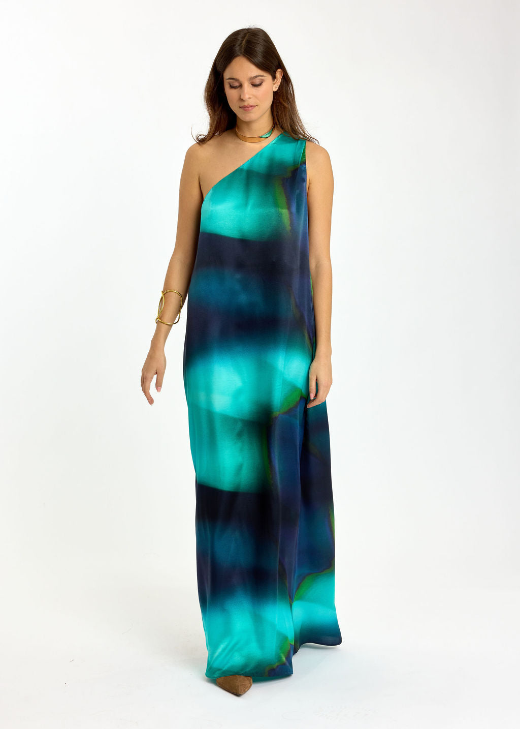 ROBE LONGUE ASYMÉTRIQUE EN SOIE DIANE BLUE