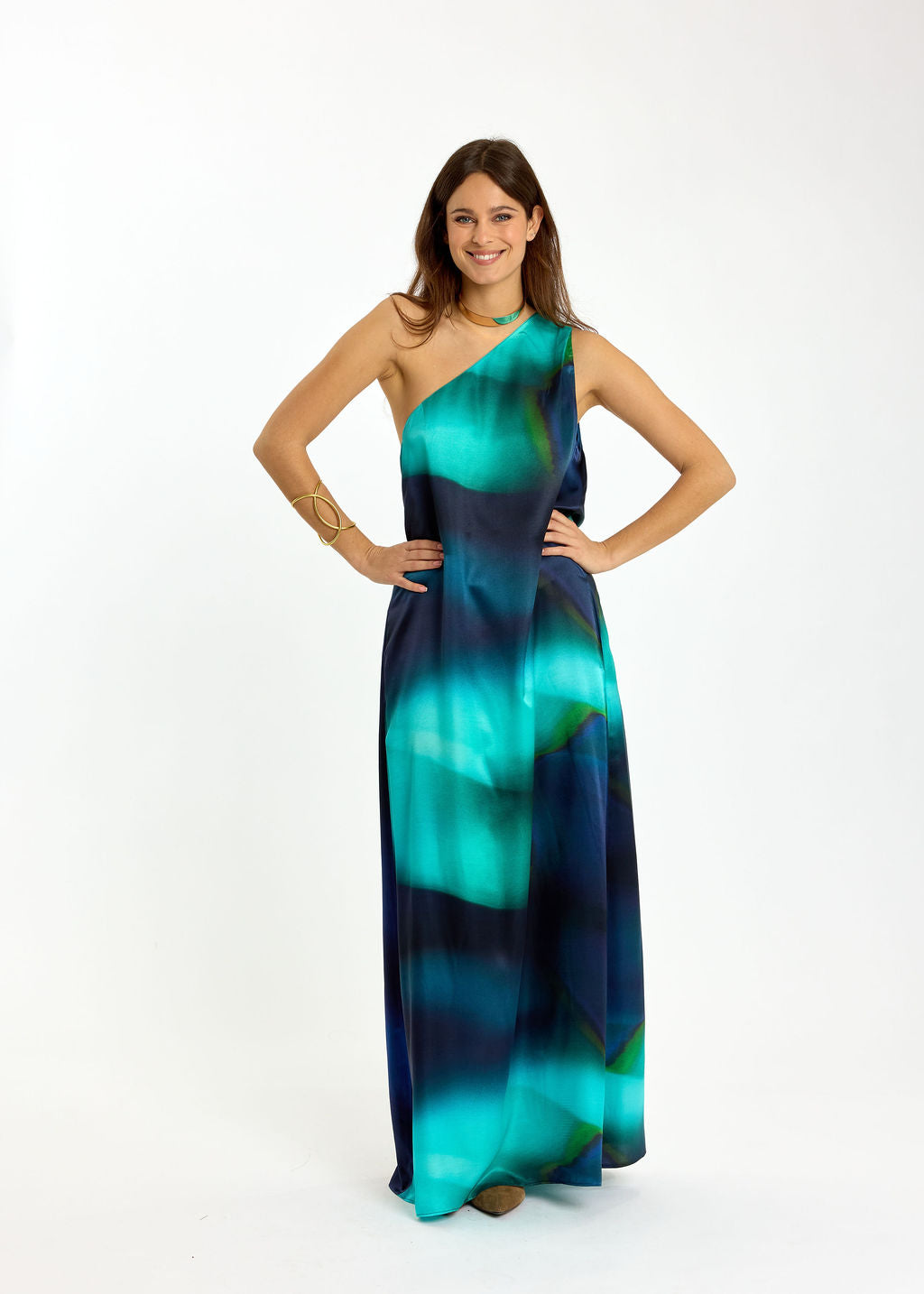 ROBE LONGUE ASYMÉTRIQUE EN SOIE DIANE BLUE