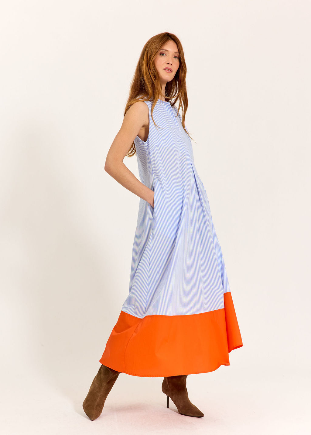 ROBE EN POPELINE RAYÉE ALWEN CIEL/ORANGE