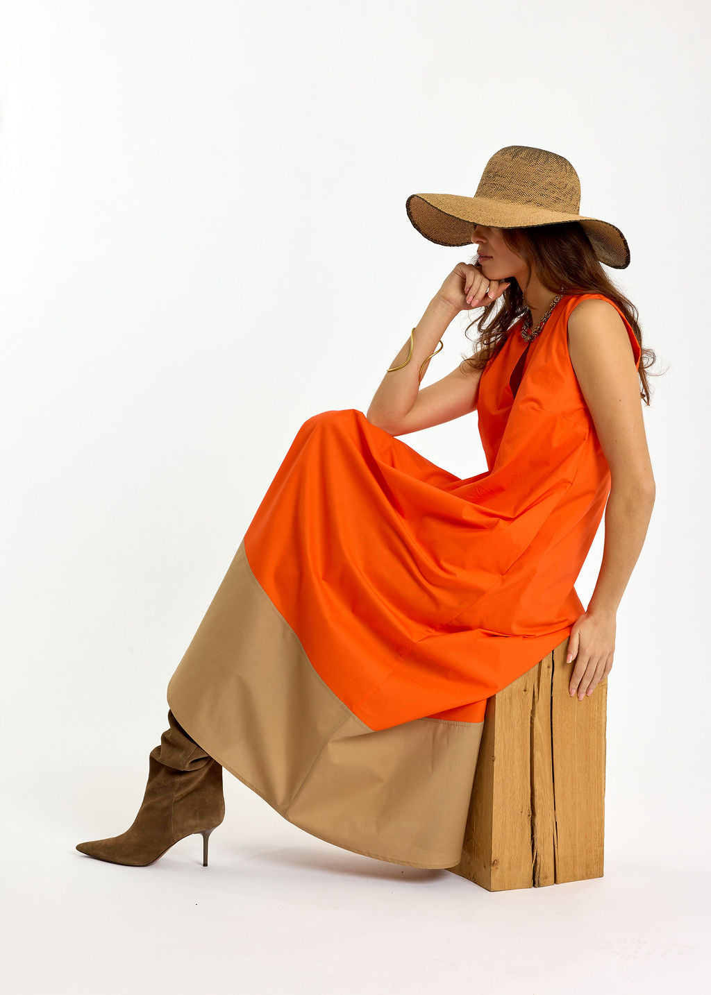 ROBE EN POPELINE BICOLORE POLO ORANGE/SABLE