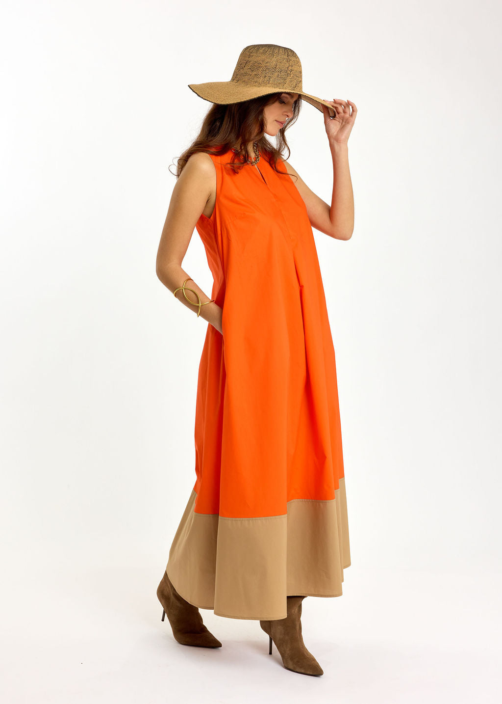 ROBE EN POPELINE BICOLORE POLO ORANGE/SABLE