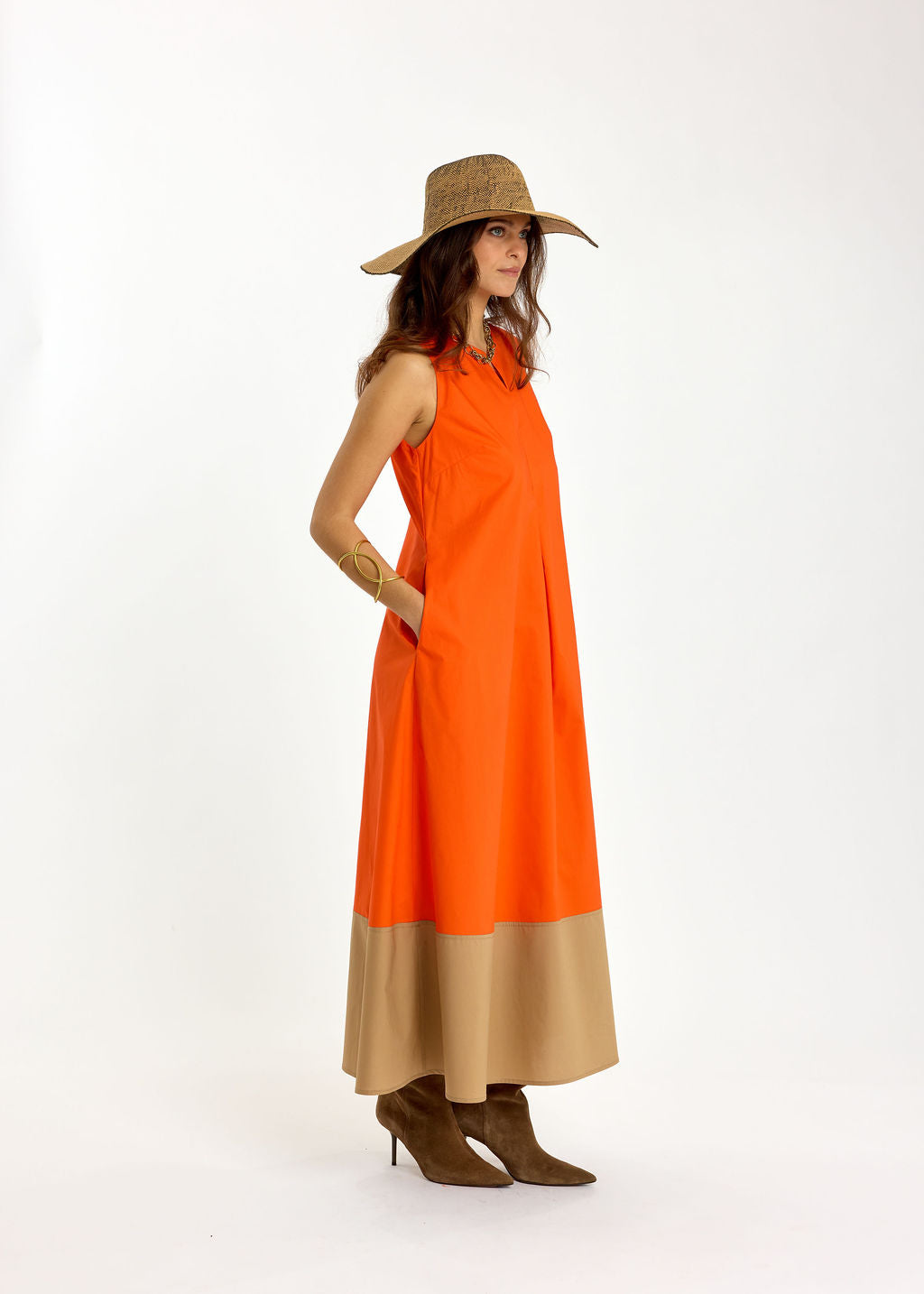 ROBE EN POPELINE BICOLORE POLO ORANGE/SABLE