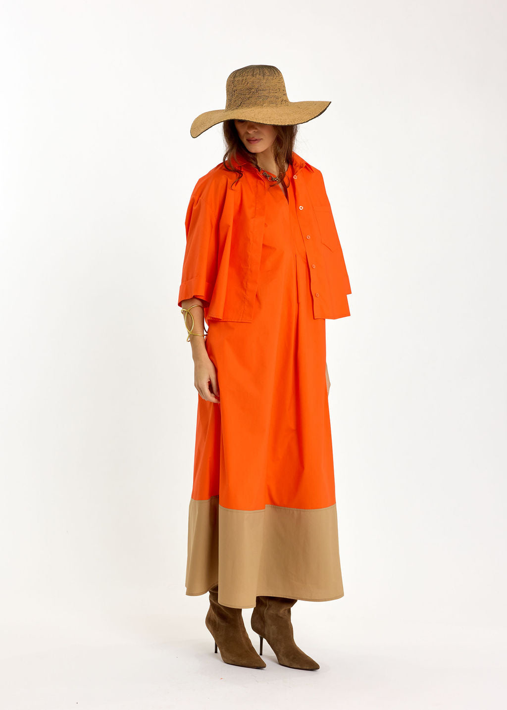 ROBE EN POPELINE BICOLORE POLO ORANGE/SABLE