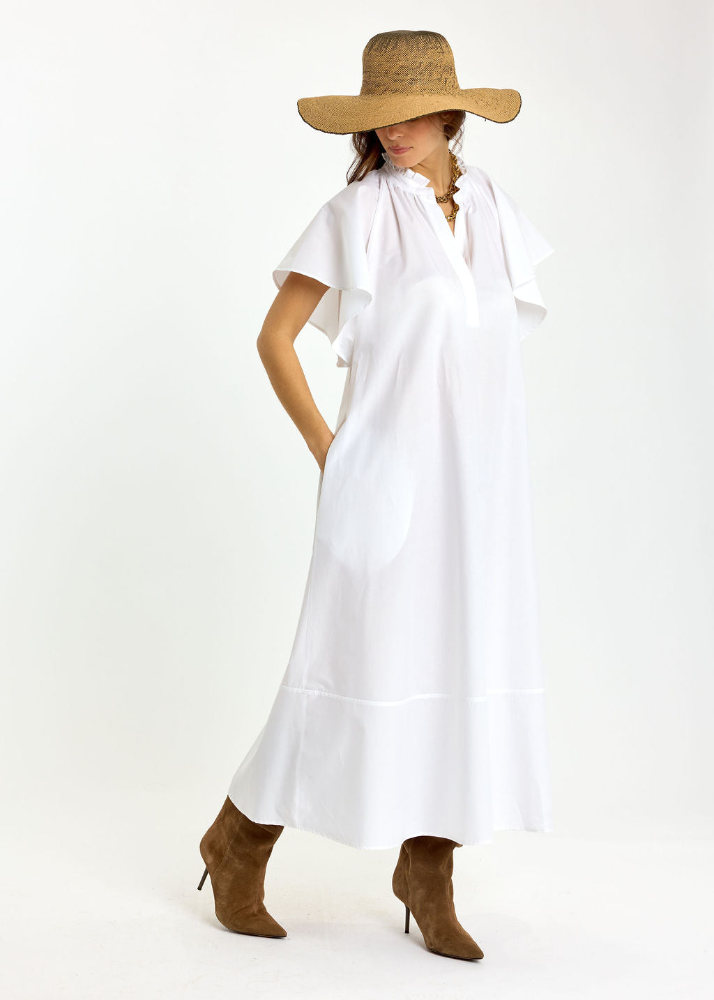 ROBE LONGUE ÉVASÉE EN POPELINE SIRINE BLANC