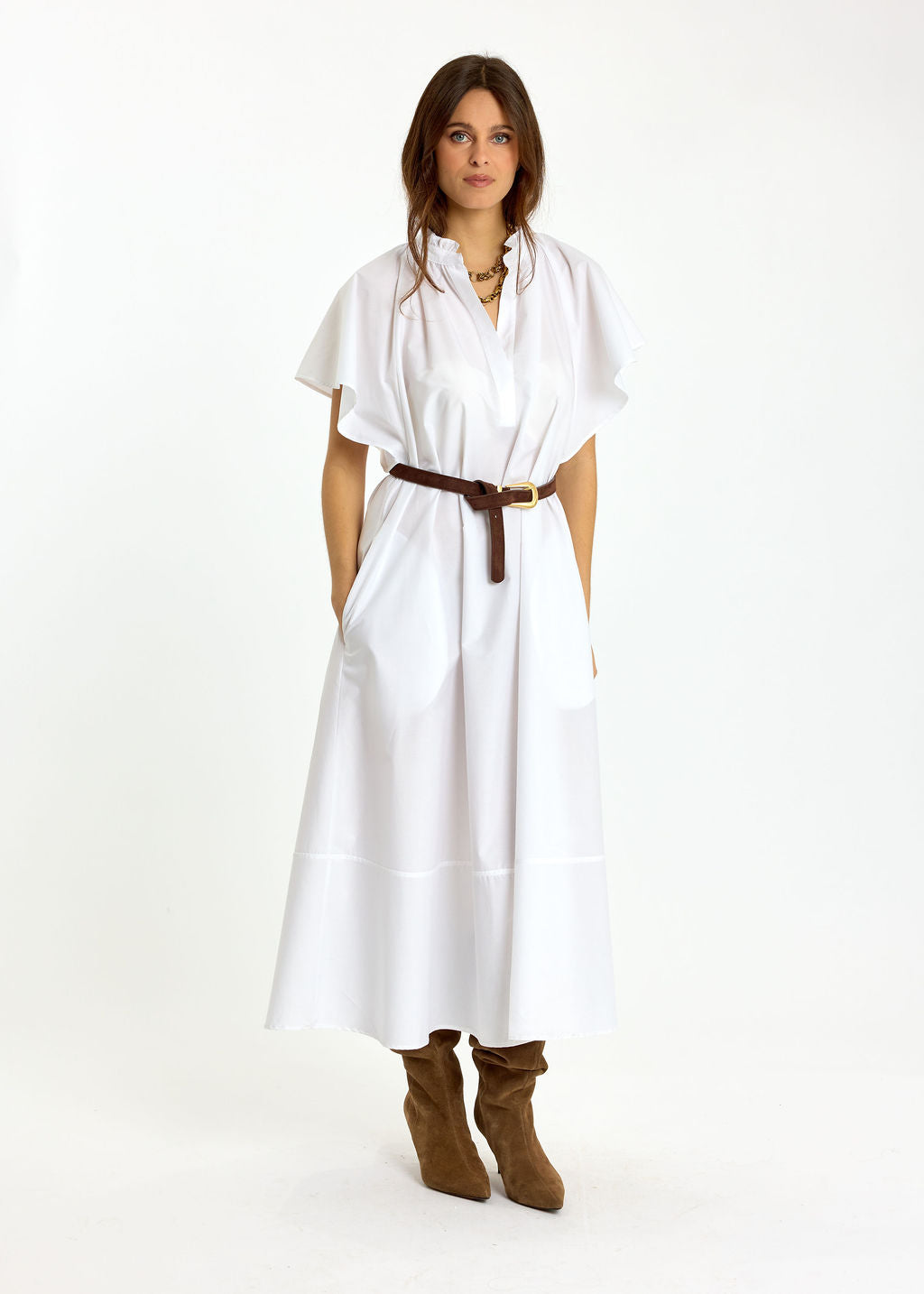 ROBE LONGUE ÉVASÉE EN POPELINE SIRINE BLANC