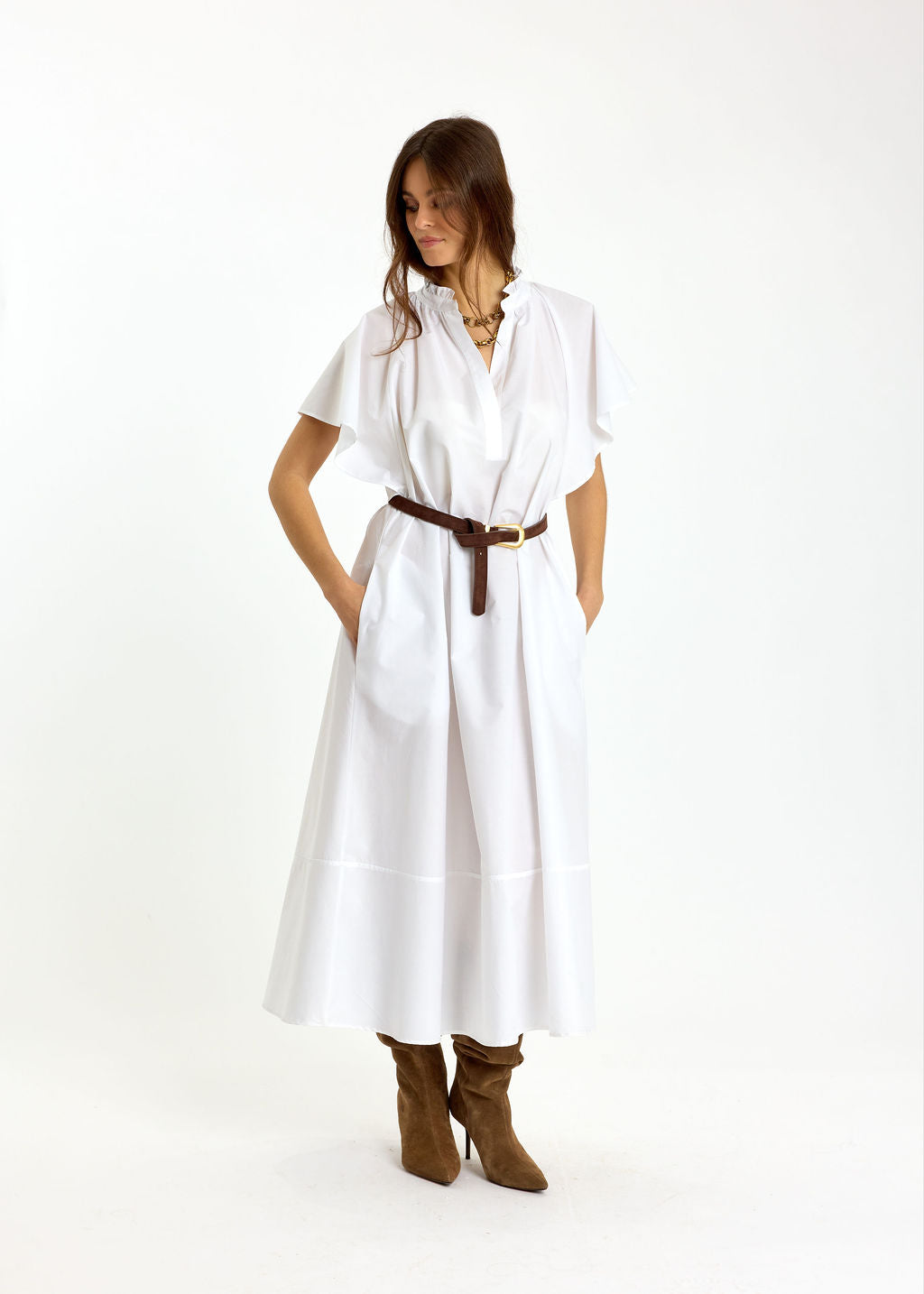 ROBE LONGUE ÉVASÉE EN POPELINE SIRINE BLANC