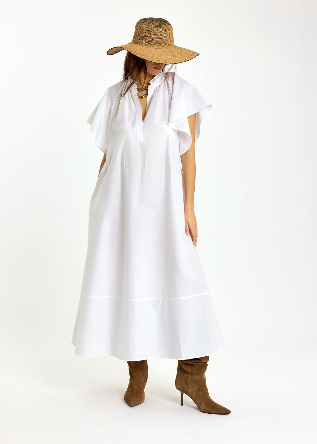 ROBE LONGUE ÉVASÉE EN POPELINE SIRINE BLANC