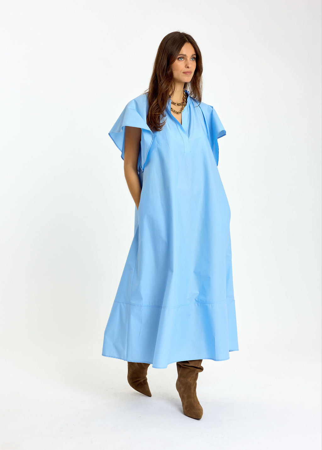 ROBE LONGUE ÉVASÉE EN POPELINE SIRINE CIEL