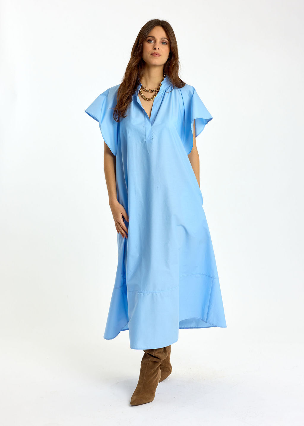 ROBE LONGUE ÉVASÉE EN POPELINE SIRINE CIEL