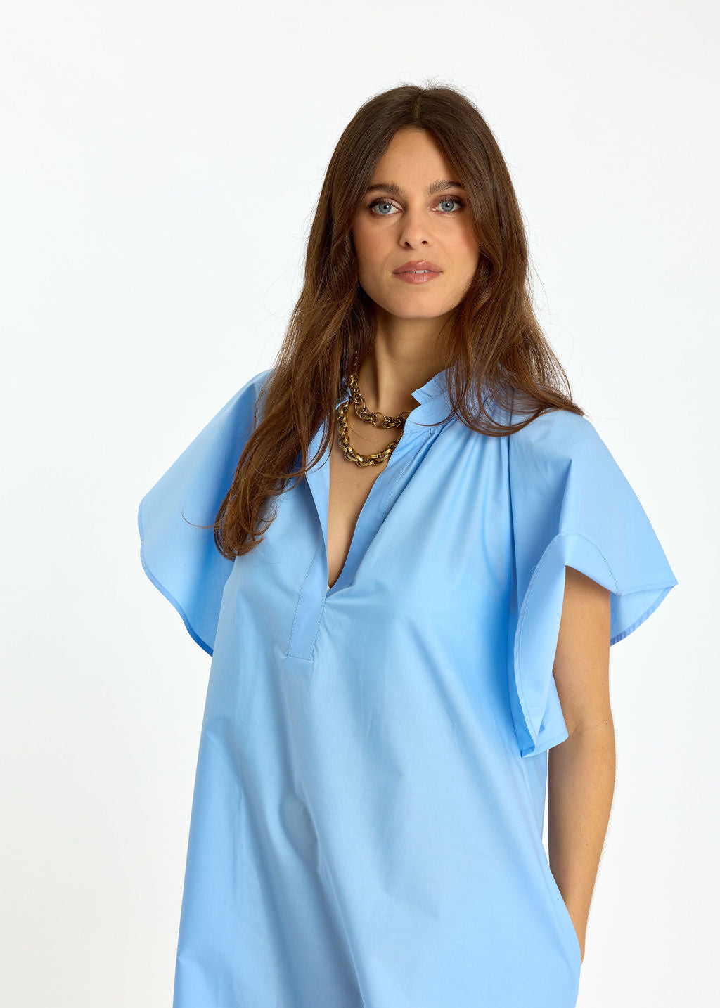 ROBE LONGUE ÉVASÉE EN POPELINE SIRINE CIEL