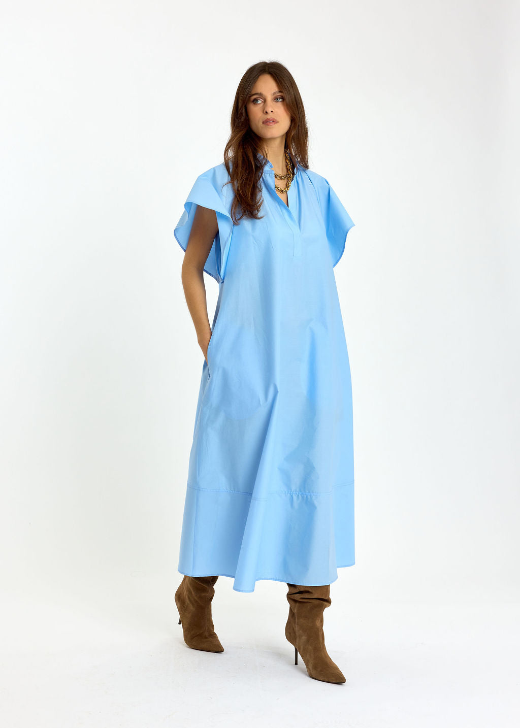 ROBE LONGUE ÉVASÉE EN POPELINE SIRINE CIEL