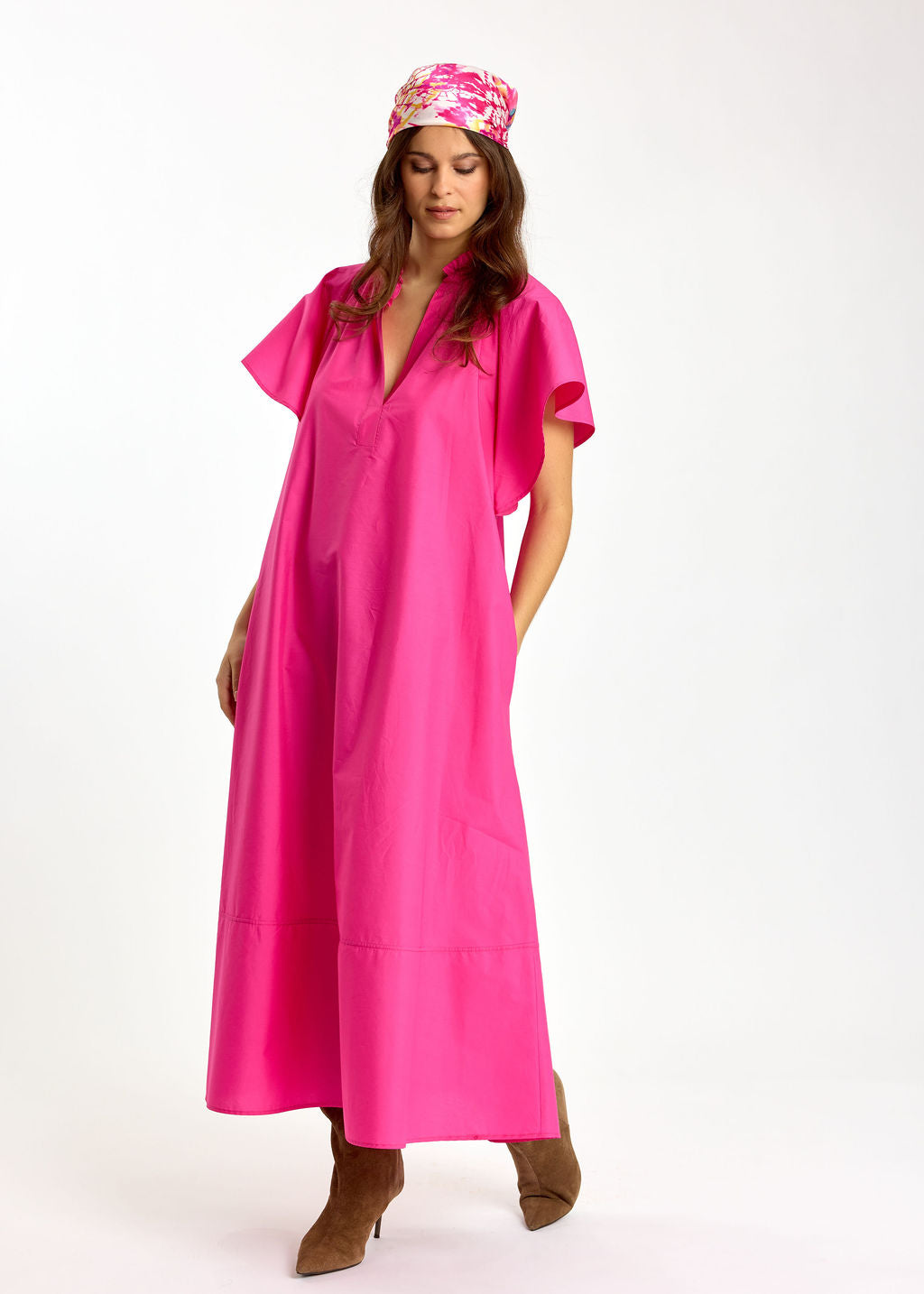 ROBE LONGUE ÉVASÉE EN POPELINE SIRINE FUSHIA