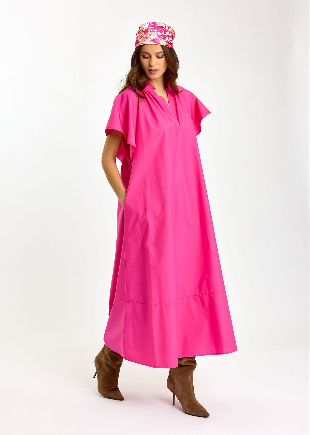 ROBE LONGUE ÉVASÉE EN POPELINE SIRINE FUSHIA