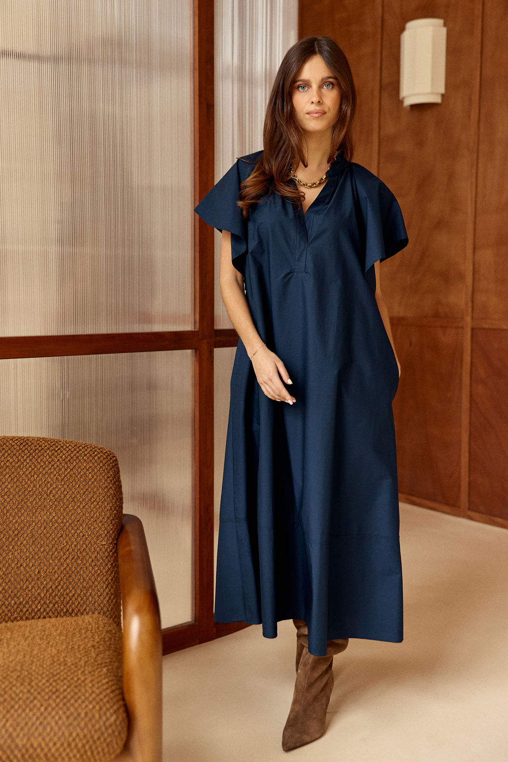 ROBE LONGUE ÉVASÉE EN POPELINE SIRINE MARINE