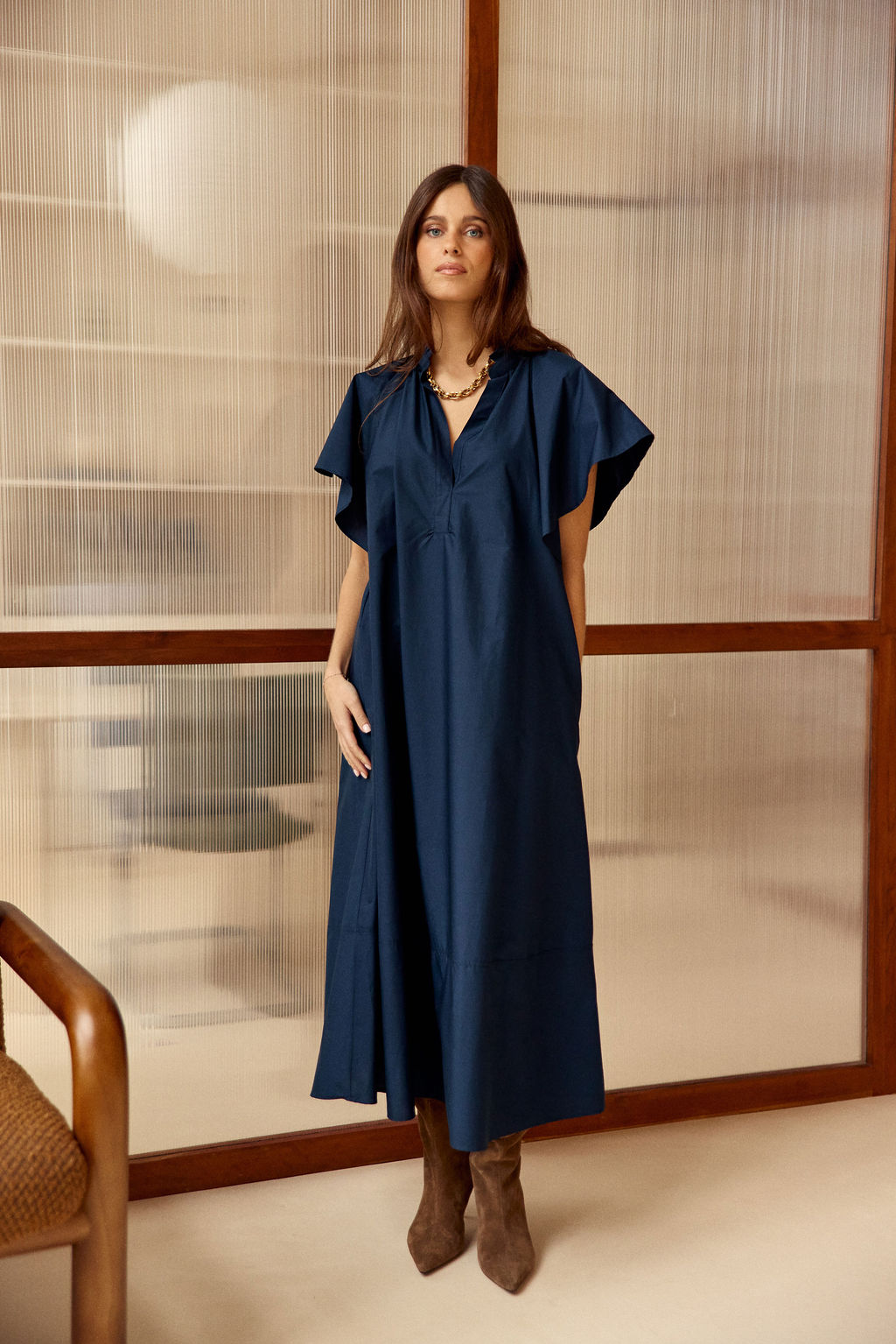 ROBE LONGUE ÉVASÉE EN POPELINE SIRINE MARINE