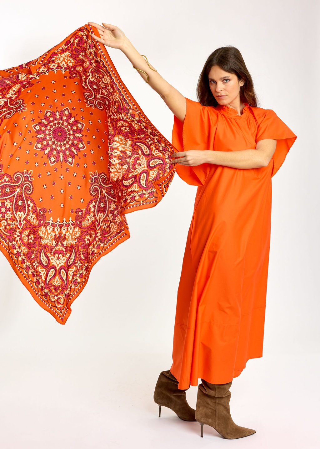ROBE LONGUE ÉVASÉE EN POPELINE SIRINE ORANGE