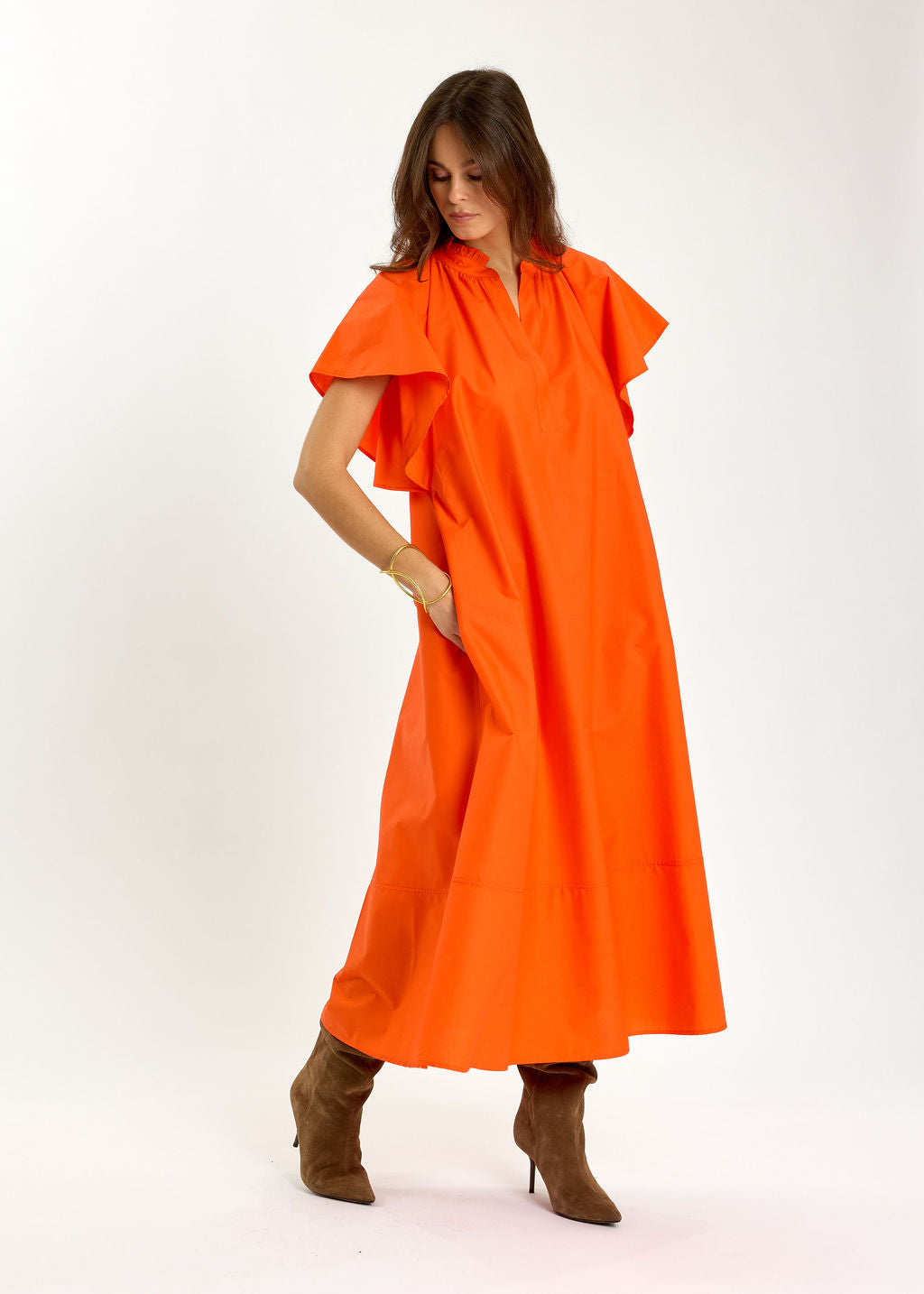 ROBE LONGUE ÉVASÉE EN POPELINE SIRINE ORANGE
