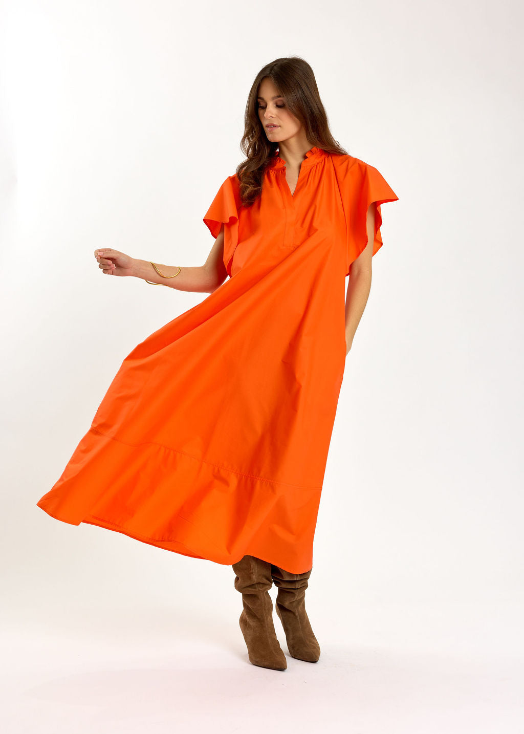 ROBE LONGUE ÉVASÉE EN POPELINE SIRINE ORANGE