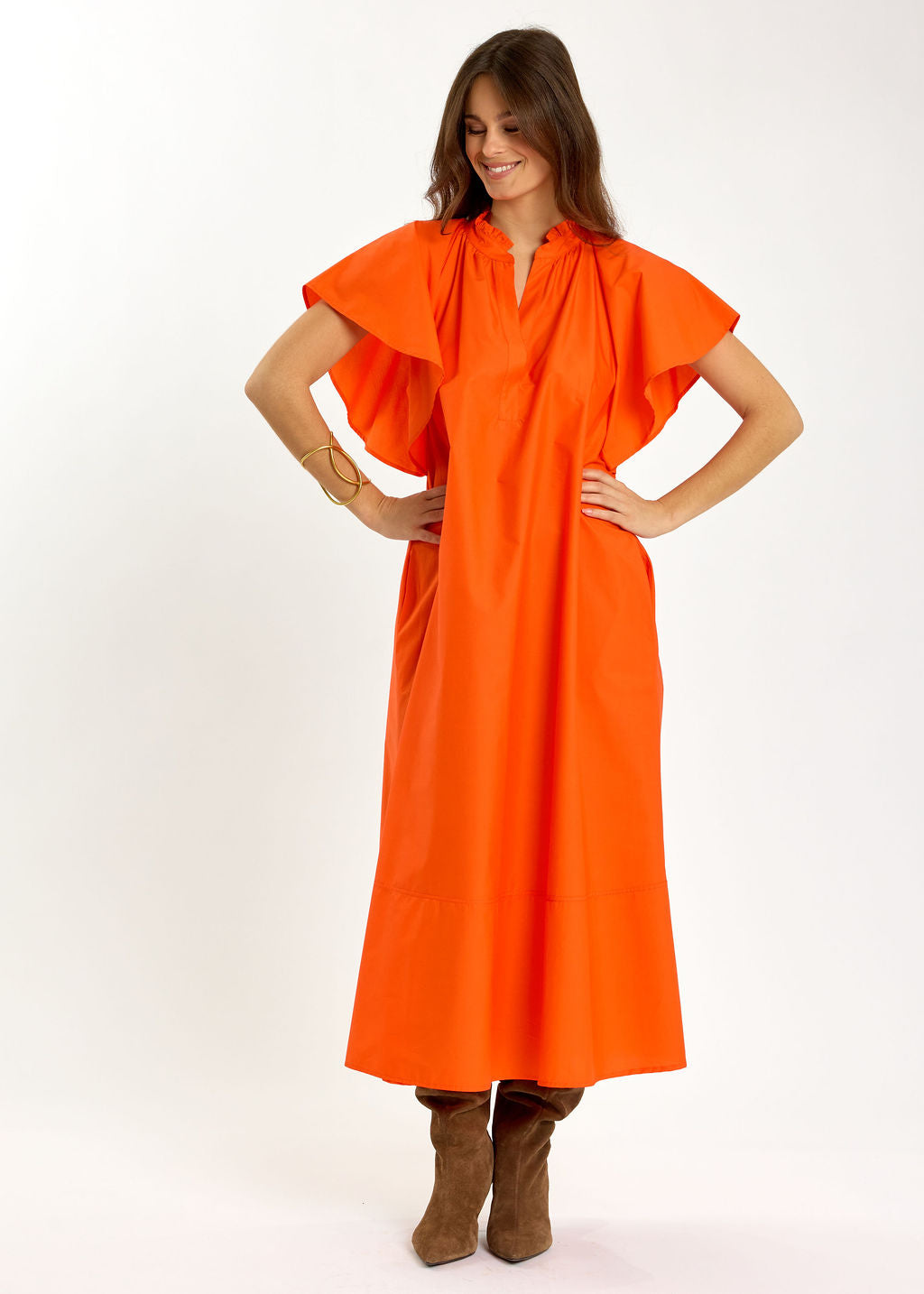 ROBE LONGUE ÉVASÉE EN POPELINE SIRINE ORANGE