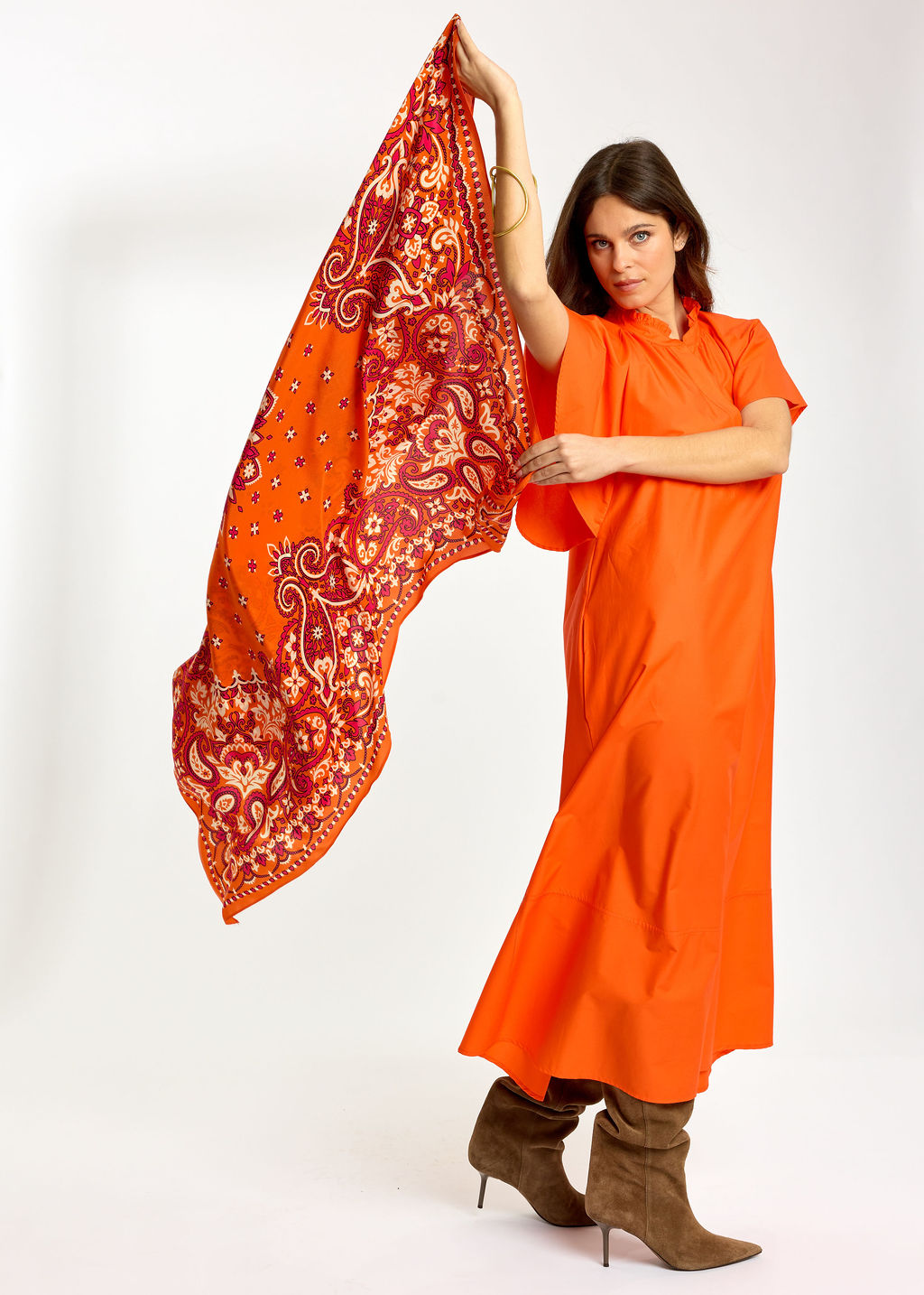 ROBE LONGUE ÉVASÉE EN POPELINE SIRINE ORANGE