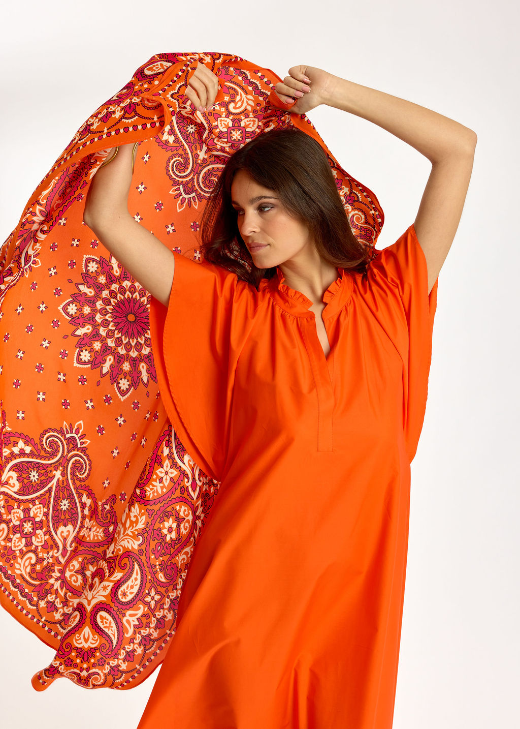 ROBE LONGUE ÉVASÉE EN POPELINE SIRINE ORANGE