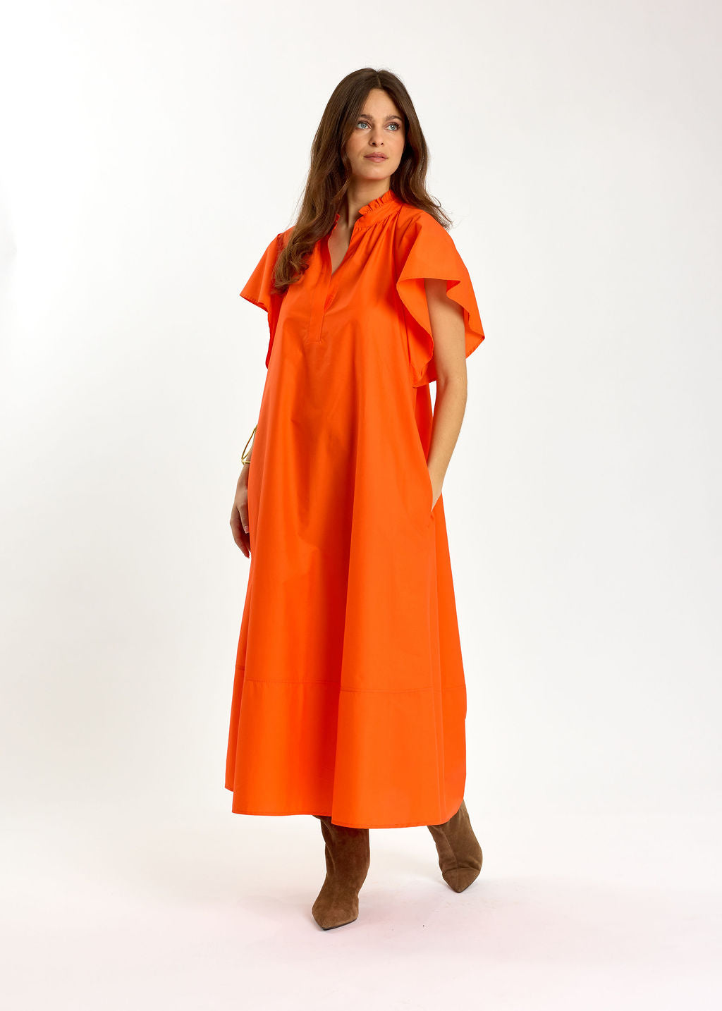 ROBE LONGUE ÉVASÉE EN POPELINE SIRINE ORANGE