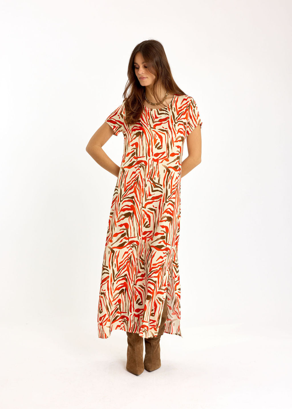 ROBE LONGUE DROITE IMPRIMÉE IRISA ORANGE