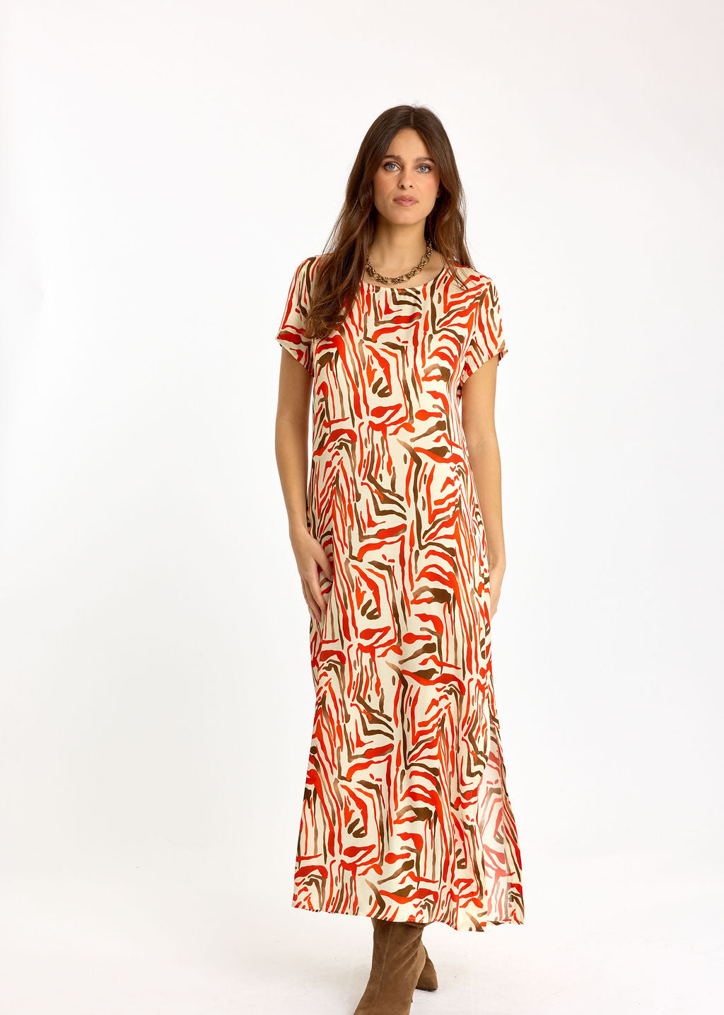 ROBE LONGUE DROITE IMPRIMÉE IRISA ORANGE