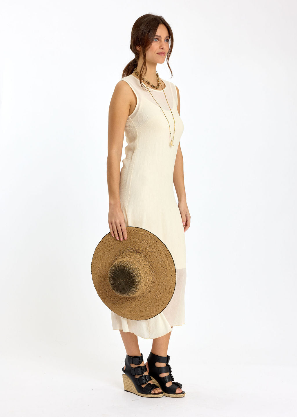 ROBE MIDI EN VISCOSE CRINKLE SUNA ECRU