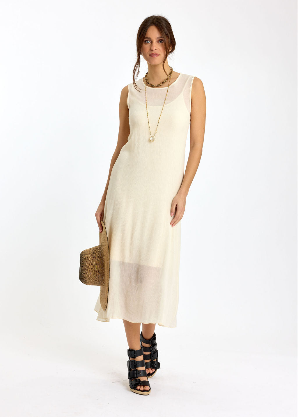 ROBE MIDI EN VISCOSE CRINKLE SUNA ECRU