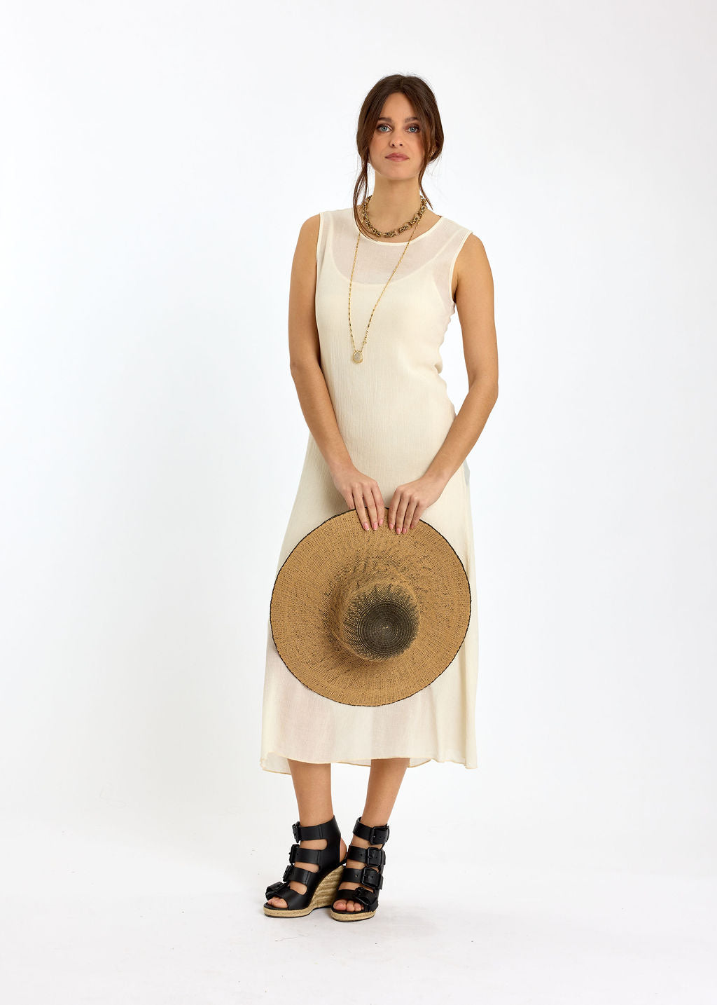 ROBE MIDI EN VISCOSE CRINKLE SUNA ECRU